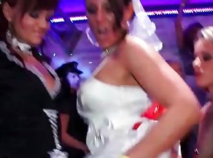 Costume party at night club with dancing girls