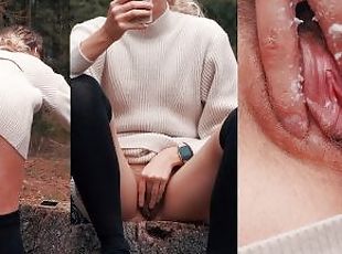 Teen blonde girl CAUGHT PLAYING WITH CREAMY HAIRY PUSSY outdoors. (short)