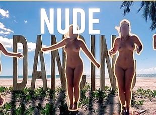 nudist, utomhus, publik, fru, amatör, strand, dansar, exhibitionist