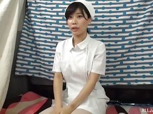 Japanese nurse drops on her knees to blow a dick before sex