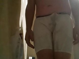 Desperate Wetting! Held it for over 6 hrs! Huge cumshot after soaking my white shorts in PISS!