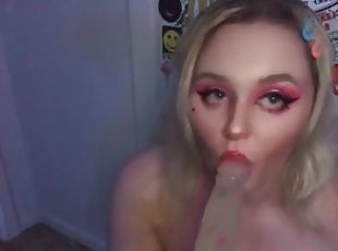 Horny E girl sucks on her dildo
