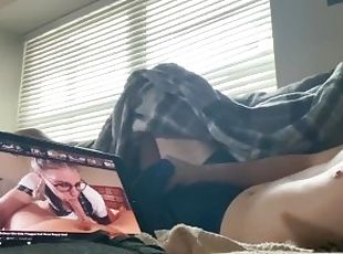 Watching porn in the living room while everyone upstairs huge cum in shorts WATCH END
