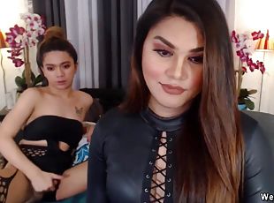 Two super hot amateur shemale lesbians in sexy lingerie and outfit wanking cocks