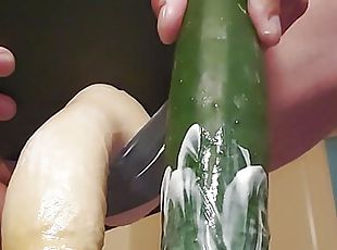 Milking prostate with dildo and cucumber