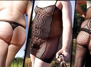 Enjoying sheer dress at public cruising spot in the sun. Shaved big butt. Tobi00815