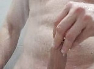 Wet shower video with foreskin play, quick jerk & release ruined cumshot + another thick cum leak